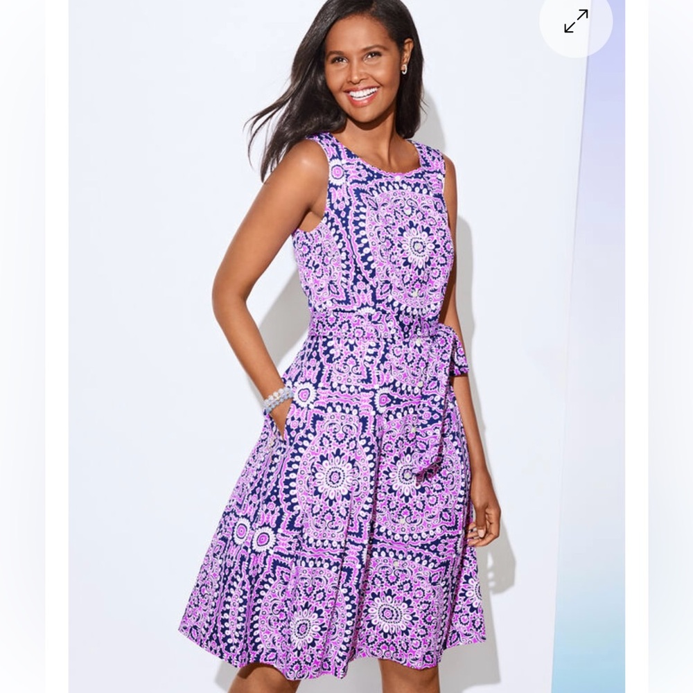 Talbots Poplin Fit & Flare Medallion Navy and Lavender Midi Dress  ‎ Size 2P